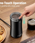 One Touch Electric Coffee Grinder For Beans, Spices, Herbs And Seeds in use with finger pressing button next to coffee cup.