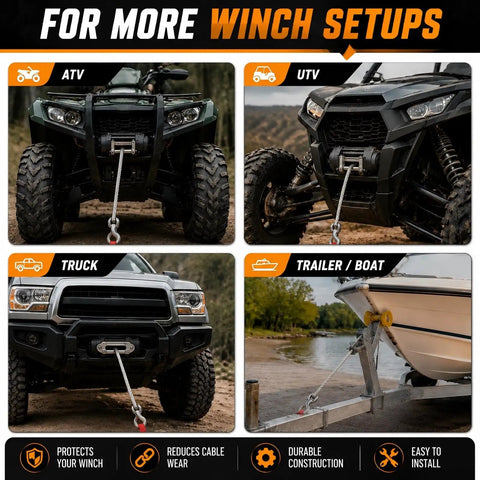 Rubber Winch Stopper for Cable for ATV UTV and Truck Protects Towing Hook in black on various vehicles including truck and boat.