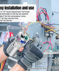 Beefed Up Heavy Duty Dual Run Capacitor 40 And 5 MFD CBB65 installed in an AC motor, showing three terminal connections