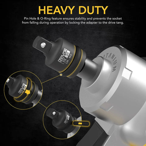 Impact Socket Adapter And Reducer Set For Quick Conversions From 1/4 To 3/8, 3/8 To 1/4, 3/8 To 1/2, And 1/2 To 3/8, Built From Chrome Molybdenum Alloy Steel, Heat Treated, 4 Piece Kit For Impact Drivers