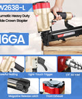 Heavy Duty 16 Gauge 1 Inch Wide Crown Pneumatic Stapler PW2638 L with tool-free jam release and visible magazine.
