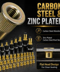 Rivet Nut Pro Grade Tool Set Kit, 77-Piece Metric Rivnut System With 7 Mandrels And 70 Flat Head Nuts, M3 M4 M5 M6 M8 M10 M12, Zinc Plated Carbon Steel Construction For Heavy Duty Rivnut Installation. Carbon steel mandrels and zinc-plated rivet nuts shown