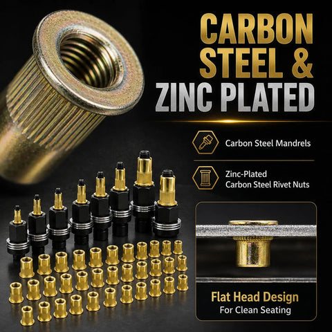 Rivet Nut Pro Grade Tool Set Kit, 77-Piece Metric Rivnut System With 7 Mandrels And 70 Flat Head Nuts, M3 M4 M5 M6 M8 M10 M12, Zinc Plated Carbon Steel Construction For Heavy Duty Rivnut Installation. Carbon steel mandrels and zinc-plated rivet nuts shown