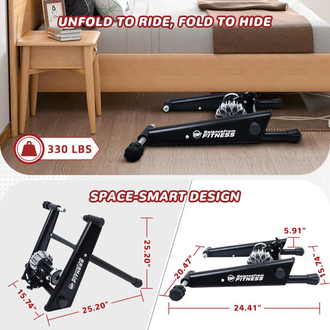 Steel Bicycle Trainer Stand With Fluid Magnetic Resistance for Indoor Cycling, folded under bed, black color