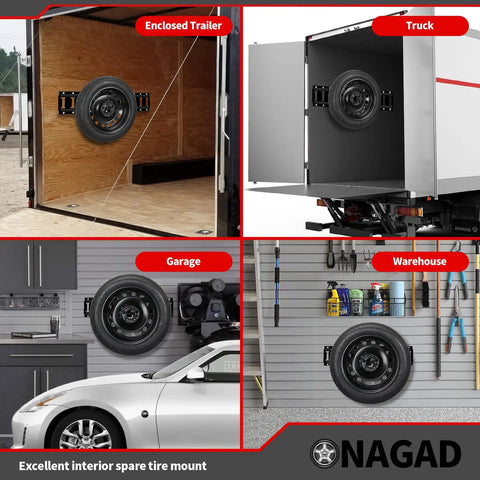 Spare Tire Holder Mount For Trailer E Track System With Upgraded Double Fittings in garage, trailer, truck, and warehouse setup.