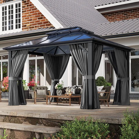 10x12 Ft Hardtop Aluminum Gazebo With Curtains And Netting in garden setting