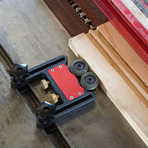 Premium Cnc Aluminum Alloy Height Adjustable Double Wheel Table Saw Roller Slick Rolling Pro Woodworking Auxiliary Guide For Router Tables on a workbench.
