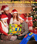 Family opening Triple Lane Flexible Race Track For Kids, 20Ft Roll-Up DIY Racetrack beside Christmas tree, compatible with 1/64 cars.