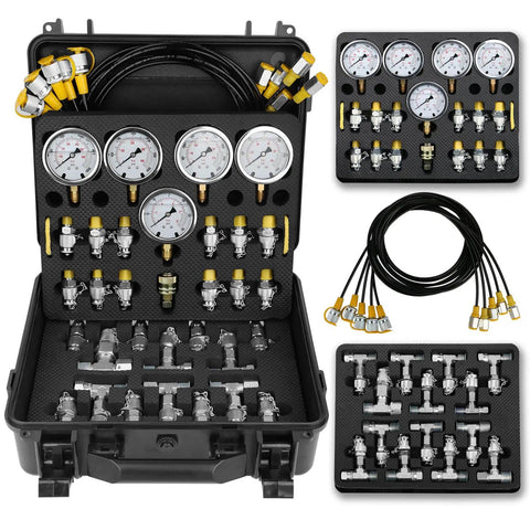 All In One Hydraulic Pressure Test Kit With Five Gauges 10 100 250 400 600 Bar 13 Test Couplings And 14 Tees Universal Set