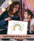 Mother and child using Rose Gold Magnetic Desktop Dry Erase Whiteboard Double Sided With Stand 16 By 12 Inches Portable Whiteboard Easel Sidekick For School Office Or Home Includes Markers Eraser Magnets And Holder in a tent.