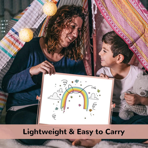 Mother and child using Rose Gold Magnetic Desktop Dry Erase Whiteboard Double Sided With Stand 16 By 12 Inches Portable Whiteboard Easel Sidekick For School Office Or Home Includes Markers Eraser Magnets And Holder in a tent.
