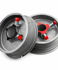 Garage Door Cable Drum Set for Standard Lift Aluminum Construction Heavy Duty 530 Lb Capacity Fits Up To 8 Ft Doors Replacement Parts for Smooth Balanced Operation, side view of aluminum garage door cable drums with colorful fittings.