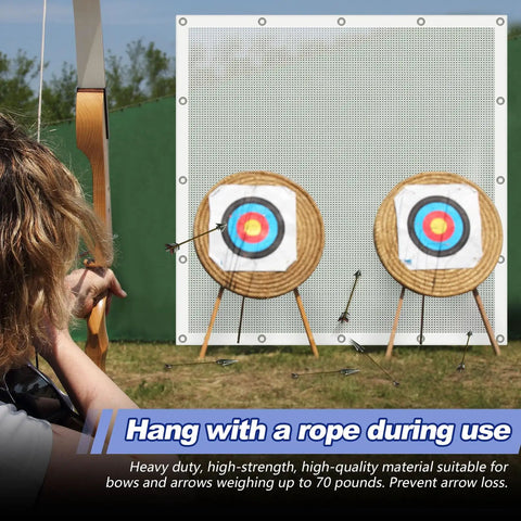 Heavy Duty Archery Backstop Netting 10 X 10 Ft behind targets during backyard practice with a bow and arrows
