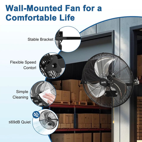 18 Inch Metal Wall Mounted Fan With 4200 CFM High Velocity Power installed in warehouse showing stable bracket and speed control