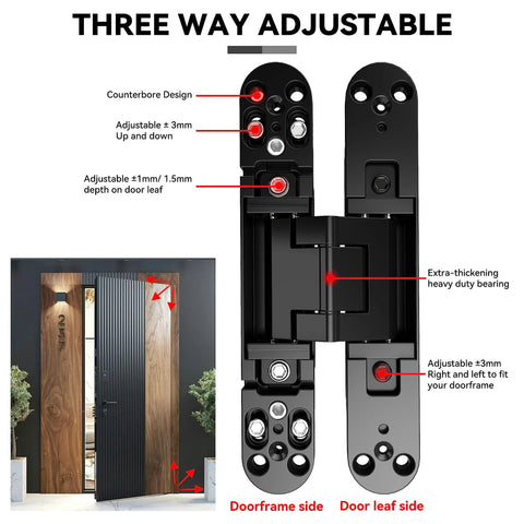 Hidden Door Hinge Kit For Secret Doors With 3 Way Adjustable Concealed Hinges, Zinc Alloy, Black Finish shown installed on wooden door