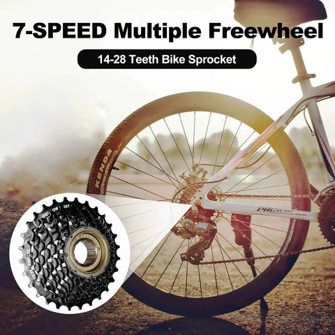 7 Speed Freewheel 14-28T Screw-On For Mountain And Folding Bikes shown with rear bike wheel and sprocket detail
