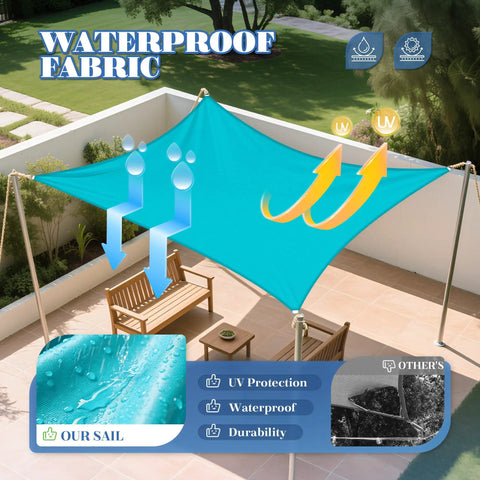 10 By 13 Foot Waterproof Sun Shade Sail Rectangle Canopy for Outdoor Patio with UV Block-turquoise polyester installed in garden