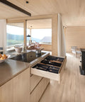 21 Inch Undermount Drawer Slides With Soft Close Action, full extension cabinet runners in a stylish kitchen with wooden drawers.