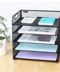 5 Tray Letter Paper Organizer With Handle Mesh Desk File Sorter for office home desk with documents and calculator on top