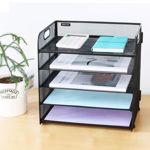 5 Tray Letter Paper Organizer With Handle Mesh Desk File Sorter for office home desk with documents and calculator on top