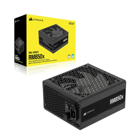 Upgrade Your Rig With 850W Fully Modular Power Supply ATX 3.1 Ready PCIe 5.1 Support Low Noise Cooling Cybenetics Gold Efficiency Native 12V 2x6 Connectors Black Corsair RM850x box and PSU