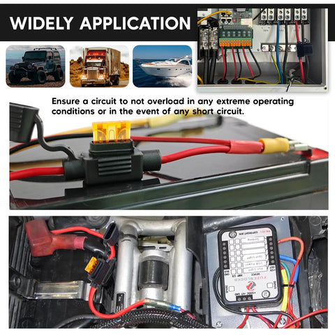 Widely application of Pack of 5 Heavy Duty Inline Fuse Holders with 16AWG Copper Wire and Waterproof Caps for Auto Marine RV and Solar Projects Includes 35 Assorted Blade Fuses for Wicked Reliable Power Solution.