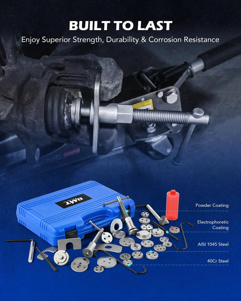 Pro Grade Heavy Duty Disc Brake Caliper Tool Kit With 24 Adapters and Case, includes retaining plates, thrust bolts, oil can