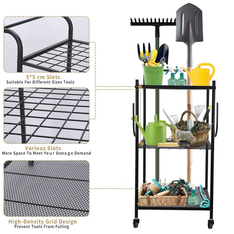 Beefed Up Tool Organizer With Wheels for Garage Shed Basement and Outdoor Use featuring shelves and slots with tools displayed.