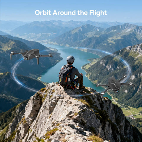Person watching 4K Camera Drone For Beginners With 90 Degree Adjustable Lens Foldable Quadcopter above mountain landscape.