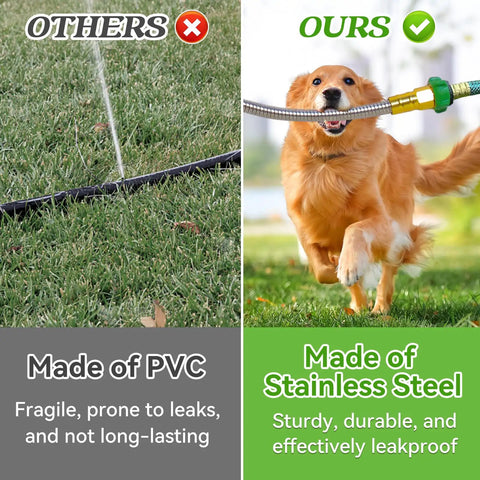 Comparison of garden hoses: Left shows fragile PVC hose, right shows Heavy Duty 304 Stainless Steel Garden Hose 3ft Leakproof with dog.