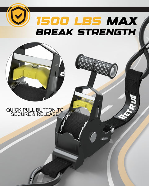 Heavy Duty Self Retracting Ratchet Straps 10 Feet 1500 Lb Break Strength 2 Pack close-up of ratchet mechanism and pull button