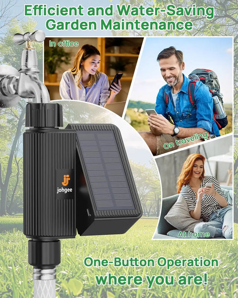 Image showing Solar Powered WiFi Sprinkler Timer With Rain Delay Manual And Automatic Modes, Alexa And Smart Life App Control, USB C Backup Charging, Garden Hose Watering Controller For Lawns And Yards, with lifestyle images of people using a phone in different settings.