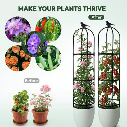 Two Pack Garden Obelisk Trellis For Climbing Plants 6 Foot Adjustable Height Built Tough Steel Core Plant Supports with flowers