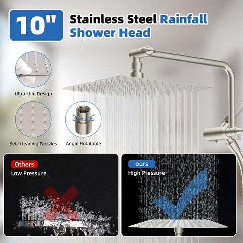 Pro Grade High Pressure 10 Inch Rain Shower Head Combo With Handheld, adjustable angle and self-cleaning nozzles