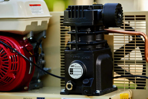 135 Psi 5.5 Hp Gas Powered Air Compressor Runs Smooth With Honda Engine And Cast Iron Construction Featuring Wheelbarrow Design and compressor pump.