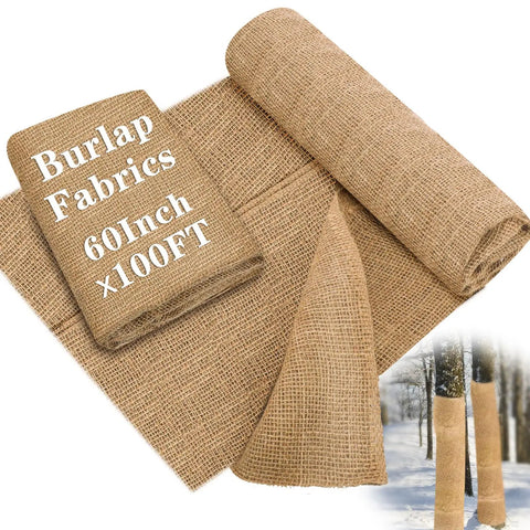 Natural Burlap Roll 60 Inch By 100 Feet Garden Weed Barrier Fabric Jute Cloth for landscaping, display of roll and fabric usage.
