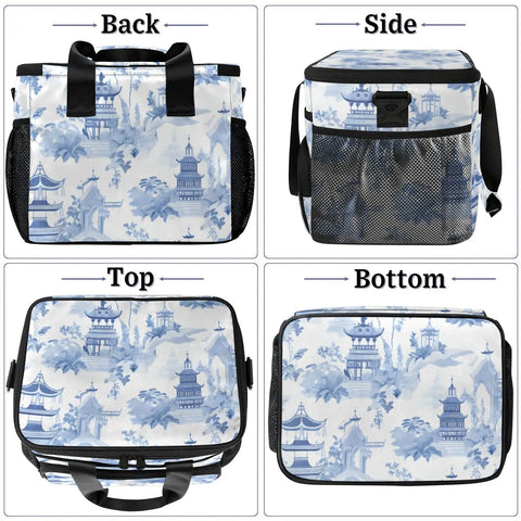 Four views of Insulated Picnic Backpack With Ample 12x8.7x10 Inch Capacity Keeps Lunch Fresh All Day, with blue pattern design.