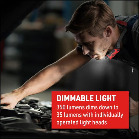 Man using Rechargeable Neck Light 350 Lumens Pivoting Heads Red Hands-Free Comfort-Fit ABS Band 70-Degree Beam Adjustment