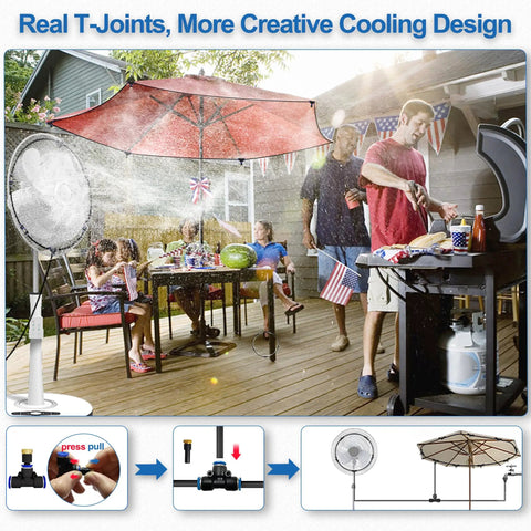 Outdoor Fan Misting Kit 35Ft For Patio And Deck Cooling, family enjoying BBQ on deck with mist system on umbrella