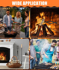 Collage of All In One Campfire Gear Set with 32 inch roasting stick, 25 inch fireplace tong, and six fire pit sticks in use