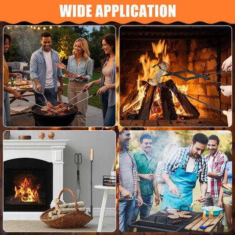 Collage of All In One Campfire Gear Set with 32 inch roasting stick, 25 inch fireplace tong, and six fire pit sticks in use