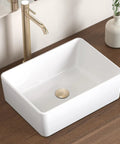 Rectangular White Vessel Sink For Bathroom Countertop With Premium Glaze, Above Counter Porcelain Ceramic Vanity Basin 15.75 x 11.82 x 5.35 In, Standard 1.81 In Drain Opening, Sleek Modern Vibe For Your Bathroom in wood countertop setting