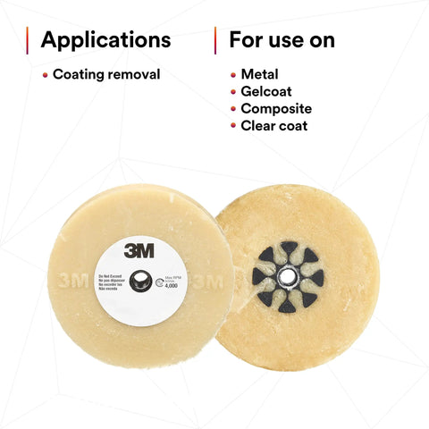 Eraser Wheel Adhesive Remover For Decals And Vinyl 4 Inch Diameter 5/8 Inch Thick dual view applications for metal and composite