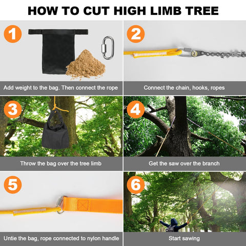 Step-by-step guide for using 55 Inch High Limb Rope Saw With Dual Ropes And 70 Teeth On Both Sides Folding Pocket Chain Saw for cutting trees.