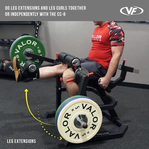 Person using Leg Extension And Curl Machine for home or commercial gyms, plate loaded quad and hamstring trainer, leg extension position