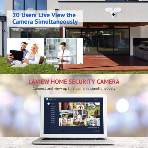 Outdoor Floodlight Security Camera With 2600 Lumen LEDs 1080P HD WiFi Waterproof Motion Detection Alerts Clear Night Vision Two Way Audio Built In Siren USA Cloud Service viewed on mobile and laptop for simultaneous monitoring