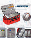 Red Medicine Organizer Bag With Double Layer Design For Home And Travel, open to show compartments and elastic loops