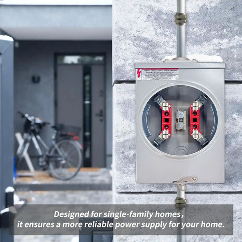 Heavy Duty 125 Amp Meter Socket 4 Jaw Base 600V One Phase Three Wire Ringless Gear With Horn Bypass Cover Plate mounted on gray wall.