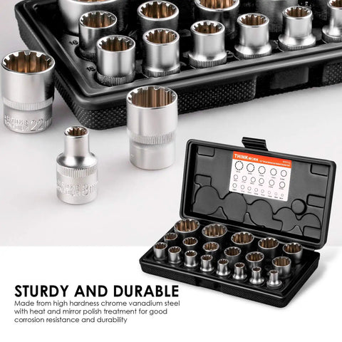 Chrome vanadium steel socket set in case, part of 19-piece Half Inch Drive Universal Spline Socket Set For SAE And Metric Bolts