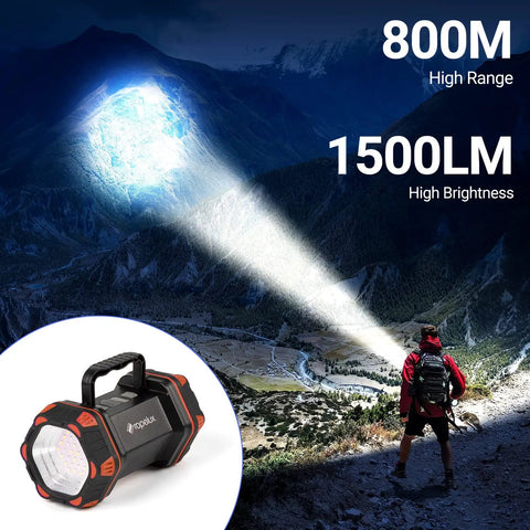 Person hiking with Rechargeable Camping Lantern With 1500 Lumen Output and 8 Lighting Modes illuminating mountain path
